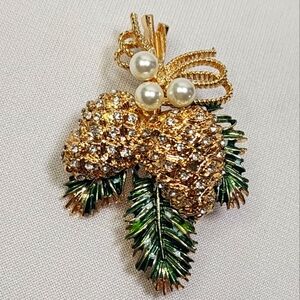 Napier Gold and Green Pinecone with White Crystal Brooch